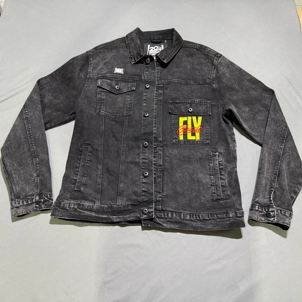 Born Fly Denim Jacket Mens XL Black Acid Wash Graphic Patch Streetwear Trucker